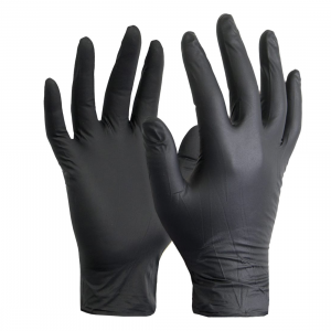 Black Dragon Nitrile Gloves displayed, showcasing their sleek black design. The gloves feature textured fingertips for enhanced grip, a beaded cuff for extra durability, and are made from high-strength nitrile rubber, perfect for chemical resistance and safe food handling