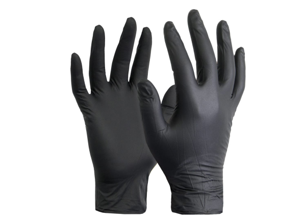 Black Dragon Nitrile Gloves displayed, showcasing their sleek black design. The gloves feature textured fingertips for enhanced grip, a beaded cuff for extra durability, and are made from high-strength nitrile rubber, perfect for chemical resistance and safe food handling