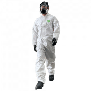 Image displaying SureShield® Microporous Coveralls, highlighting their lightweight, water-resistant, and breathable design. The coveralls are shown fully zipped up, featuring an elasticised hood, ankles, and cuffs for a secure fit, with visible finger loops to prevent sleeve movement. The material's texture, indicative of its microporous laminate film for liquid splash resistance and breathability, is also showcased. The certification badges for Category III, Type 5, Type 6, anti-static (EN 1149-5), and barrier against infective agents (EN 14126) are subtly displayed, emphasizing the coveralls' high standards of protection and safety in industrial environments.