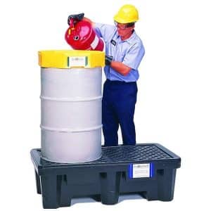 2-Drum Ultra Spill Pallet in black, made from polyethylene for chemical resistance, showing dimensions and load capacity.