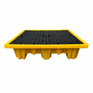 4-Drum Ultra Spill Pallet, LLDPE construction, suitable for hazardous waste and chemical storage, detailing dimensions and load capacity.