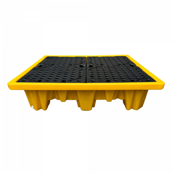 4-Drum Ultra Spill Pallet, LLDPE construction, suitable for hazardous waste and chemical storage, detailing dimensions and load capacity.