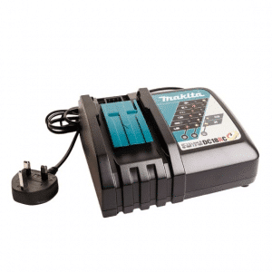 Image of a Makita DC18RC Fast Charger, designed for charging Makita lithium-ion batteries ranging from 7.2V to 18V. The compact black and teal charger features an intuitive LED charging indicator and active cooling system to optimize battery life. Compatible with a wide range of Makita cordless tools