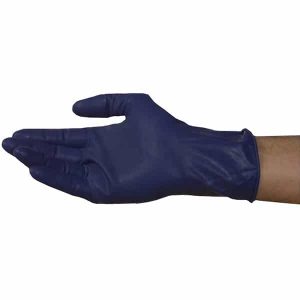 Box of HandPlus latex high risk gloves in blue for heavy-duty disposable use.