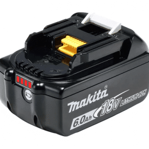Image of a Makita 18V 6.0Ah Lithium-Ion Battery, showcasing its durable design in the brand's recognizable teal and black colors. The battery features a high capacity for extended run time, making it ideal for long projects. It is equipped with an LED charge level indicator for convenient monitoring of battery life. Designed to be both compact and powerful, this battery is compatible with the extensive range of Makita's 18V cordless tools, ensuring efficiency and reliability for professional use