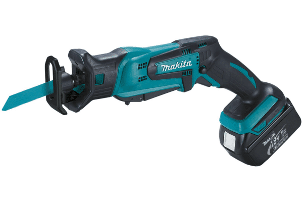 Image showcases the Makita 18V Cordless Reciprocating Saw, designed for powerful cutting with the convenience of cordless operation. The tool is characterized by its robust construction with a sleek black and teal color scheme, typical of Makita products. It features an ergonomic handle for comfort and control during use, and a tool-less blade change system for quick and easy blade swaps. Ideal for a wide range of cutting tasks, the saw is equipped with a variable speed trigger, allowing precise control over the cutting speed. This reciprocating saw is part of Makita's extensive 18V LXT battery platform, offering compatibility with a wide array of tools for professional and DIY projects alik