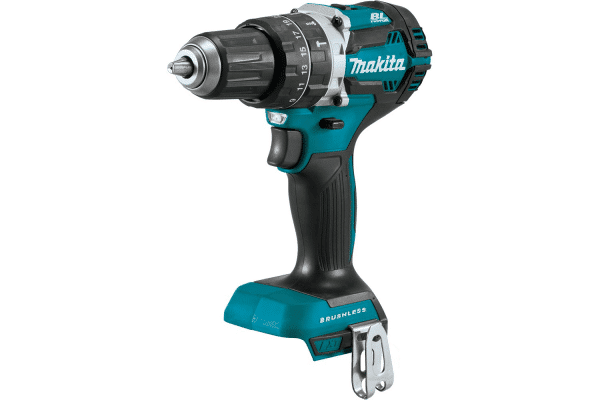 Image features the Makita DHP484Z, an 18V LXT Brushless Hammer Drill, showcased in Makita's iconic teal and black color scheme. This compact and powerful tool is designed for high-efficiency drilling and hammering into various materials. It boasts a brushless motor for longer run time, increased power and speed, and extended tool longevity. The drill includes a two-speed transmission, precise variable speed control, and a dual LED job light for working in dimly lit areas. Additionally, it is equipped with Extreme Protection Technology (XPT) for enhanced dust and water resistance in harsh job site conditions. Ideal for professionals seeking a durable, high-performance drilling solution.