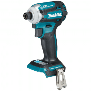 Image displays the Makita DTD171Z, an 18V LXT Brushless Impact Driver, distinguished by its compact design and the iconic Makita teal and black color scheme. This high-performance tool features a brushless motor for efficient power delivery and extended battery life. It offers four speed settings, including a unique Assist Mode (A-mode) for precise screw driving and a Tightening Mode (T-mode) for self-drilling screws, ensuring versatility across a wide range of applications. The tool is equipped with a dual LED light for illuminating work areas and a one-touch bit installation system for convenience. Ideal for professional use, this impact driver combines power, precision, and durability.