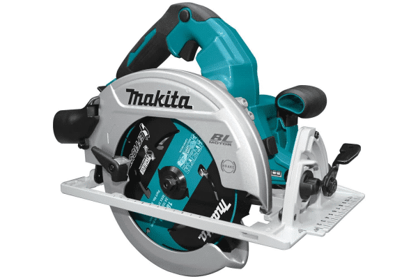 Image illustrates the Makita DHS780Z, an 18Vx2 LXT Brushless Circular Saw with a 185mm blade, designed for precise and powerful cutting tasks. This high-performance tool, showcased in Makita’s iconic teal and black color scheme, operates on two 18V batteries for increased power and longer run time, without the need for a cord. It features Automatic Torque Drive Technology (ADT), which adjusts the cutting speed and torque during operation for optimum performance. The saw includes a large, easy-to-read bevel and depth scale for accurate cuts, an electronic brake for safety, and a built-in dust blower to keep the cut line clear. Ideal for professional carpenters and builders requiring reliability and precision on the job site.