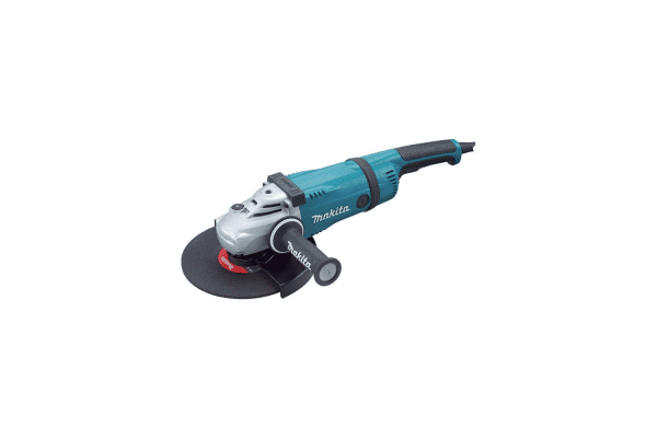 Image displaying the Makita GA9040S01, a robust 9-inch angle grinder with a 230mm disc diameter, powered by a 2400W motor for heavy-duty applications. The tool features a durable design in Makita's signature teal and black colors, with a soft-start function for safety and ease of use. It includes a rotatable rear handle for enhanced control during various grinding and cutting tasks, and is equipped with vibration-absorbing side grips for increased operator comfort. Ideal for professional construction and metalworking projects