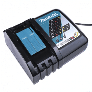 Image depicts the Makita DC18RC Charger, model 6307-DC18RC-L, designed for efficient charging of Makita lithium-ion batteries. The compact charger is showcased in Makita’s recognizable black and green color scheme, indicating its compatibility with the LXT battery series ranging from 7.2V to 18V. It features an intelligent charging system that optimizes battery life by actively controlling current, voltage, and temperature. The charger includes a digital display for monitoring charge status and a built-in fan to cool the battery for faster charging. Ideal for professionals needing quick and reliable battery charging solutions for their Makita tools