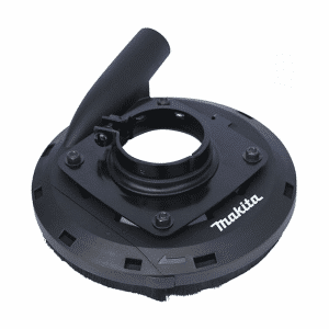 Image shows the Makita Dust Collecting Wheel Guard, designed for use with 9-inch angle grinders. This accessory is crafted to enhance safety and cleanliness by efficiently capturing dust and debris generated during cutting, grinding, or polishing tasks. The guard is predominantly black, matching Makita's professional tool range, and features a durable construction with a port for connecting to a dust extraction system. Its design allows for easy attachment to compatible Makita angle grinders, ensuring a secure fit and optimal dust collection efficiency. Ideal for construction, metalworking, and renovation projects where minimizing dust exposure is critical.