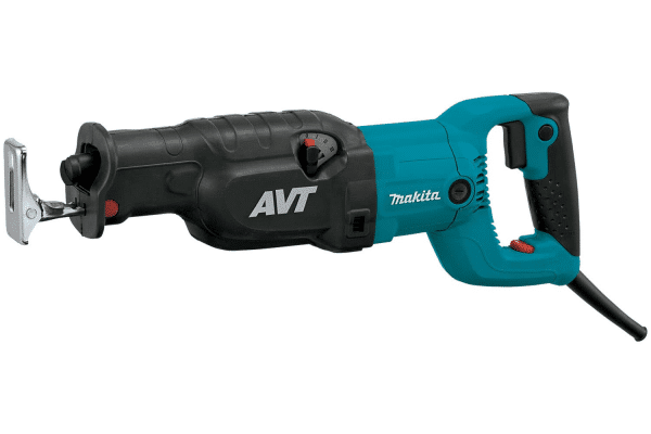 Image showcases the Makita JR3070CT, a powerful 1510W Recipro Saw with Anti-Vibration Technology (AVT), designed for high-demand cutting tasks. The tool is encased in Makita's iconic teal and black, highlighting its robust construction and ergonomic design. It features a variable speed control dial for precise cutting in various materials, a clutch system to protect the gears from blade lock, and an orbital setting for aggressive wood cutting. Equipped with a counterbalance system to reduce vibration, the JR3070CT offers enhanced user comfort and control. Ideal for demolition work, remodeling, and construction, it combines power, precision, and safety for professional users.