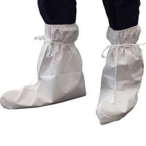 White Sureshield® Microporous Boot Covers showcasing their elasticated ankles and ties for a secure fit, made from durable microporous laminate fabric, designed for antistatic protection.
