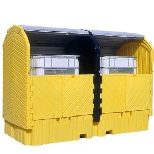 An Ultra-Twin IBC HardTop spill containment unit designed to securely house two IBC tanks. This robust, weather-resistant structure features a lockable, hard-top cover to protect against unauthorized access and environmental elements. Constructed from durable polyethylene, it offers excellent chemical resistance. The unit includes a spill pallet base with ample containment capacity to prevent leaks and spills from contaminating the workspace. Ideal for safe and compliant storage of hazardous materials in industrial and commercial settings.