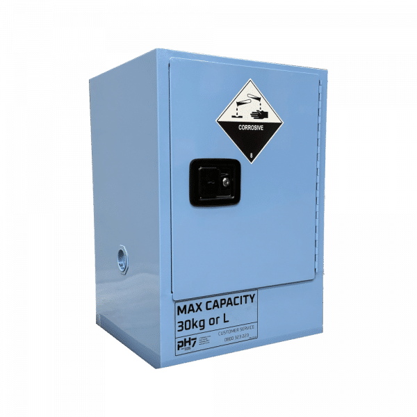 A 30-litre capacity metal storage cabinet designed specifically for corrosive substances. The cabinet is painted in a distinctive blue color, signifying its use for corrosive materials. It features robust construction with double steel walls for enhanced safety and durability. The front of the cabinet has a clear label indicating 'Corrosives', with a corrosive material symbol for easy identification. It includes a lockable door with a recessed handle to secure the contents, and adjustable shelves inside to accommodate various container sizes. Suitable for safely storing acids, alkalis, and other corrosive chemicals in laboratories or industrial settings.