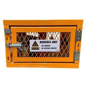 A Hazbox® Aerosol Cage designed for the secure storage and safety of aerosol cans. Constructed from durable yellow powder-coated steel with steel mesh walls for visibility and ventilation. Features include a lockable door with strong magnetic closures, and clearly marked safety signage indicating 'Danger Flammable Materials'. Ideal for organizing and safely storing aerosol cans in workshops, garages, and industrial settings to prevent accidents and ensure compliance with safety regulations.