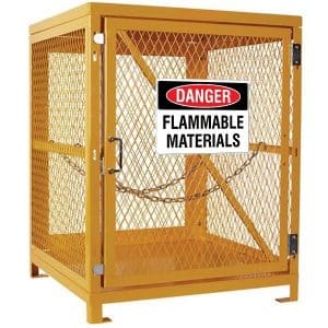 A Hazbox® Forklift Cage designed for the secure transportation and handling of hazardous materials. This robust cage features sturdy metal construction and is specifically engineered to be lifted by a forklift, enhancing workplace safety and efficiency. It includes a lockable door to ensure the contents remain contained during movement. The cage is painted in bright safety colors to highlight its use for hazardous goods. Suitable for use in industrial, construction, and warehouse settings, it ensures the safe and compliant transport of dangerous substances.