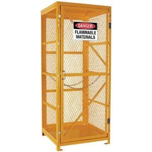 A Hazbox® G-Size Cylinder storage solution, designed for safely securing up to 9 G-size gas cylinders. This sturdy unit is constructed with high-quality materials to ensure durability and compliance with safety standards. It features a lockable gate to prevent unauthorized access and mesh walls for visibility and ventilation, enhancing safety by preventing gas accumulation. The image showcases the cylinder storage's practical design, suitable for industrial, medical, or laboratory settings where secure gas cylinder storage is essential.