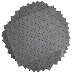A photo of SpillTech® Universal Pads, 400GSM, designed for absorbing spills in industrial settings. These high-absorbency pads are grey, indicating their universal application for oils, coolants, solvents, and water. Each pad features a durable, non-woven fabric construction, suitable for handling a wide range of liquid spill scenarios. The image showcases the pads' texture and thickness, emphasizing their efficiency in spill control and cleanup tasks. Ideal for use in workshops, garages, and manufacturing environments where quick and effective spill response is necessary.