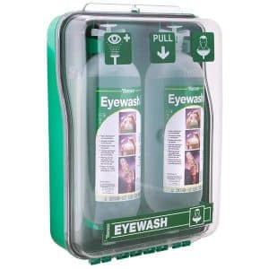 Tobin Dust Protected Eyewash Cabinet with two 1-litre bottles, designed for clean and efficient eye safety in workplaces, mounted on a wall for easy access.
