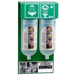 Tobin Eyewash Stationary Stand with pH Neutralising Buffer Solution, including two 1-litre eyewash bottles, mounted on a wall stand, ready for emergency eye care.