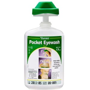 A Tobin Pocket Eyewash Flask containing 200ml of sterile solution, designed for immediate eye irrigation in the event of contamination or injury. The compact, portable flask is made of durable, transparent plastic, allowing easy monitoring of the solution level. Its ergonomic design ensures quick and efficient eye cleansing, making it an essential safety tool for workplaces, laboratories, and field operations where eye hazards exist