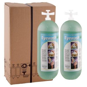 Pack of two Tobin pH Neutralising Buffer Solution Replacement Bottles, 1 litre each, designed to maintain eyewash station efficacy against alkali and acidic substances.