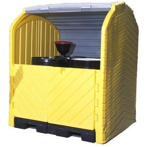 An Ultra-HardTop Plus containment system designed for secure storage of four industrial drums. This robust unit features a weatherproof, bright yellow lockable top cover and a durable black base made from chemical-resistant high-density polyethylene (HDPE). It's equipped with an easy-access roll-top door, allowing for efficient operation even in confined spaces. The unit includes a removable grate to facilitate spill management and cleanup. Perfect for ensuring environmental compliance and enhancing safety in handling hazardous materials, this system is ideal for both indoor and outdoor storage of chemicals, oils, and other substances prone to spills.
