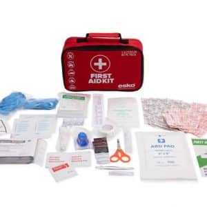 Esko First Aid Kit, 1-6 Person, 85 pieces, including bandages, antiseptic wipes, gauze pads, and essential medical tools.