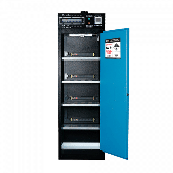 This is a picture of a Single Door Lithium Ion Battery Storage Cabinet open front on